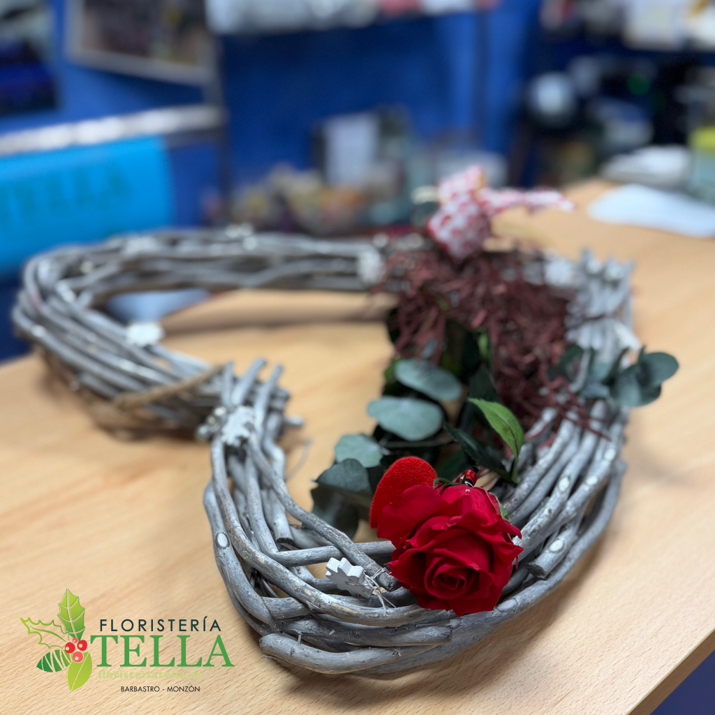 Wicker Heart with Red Rose and Preserved Greens