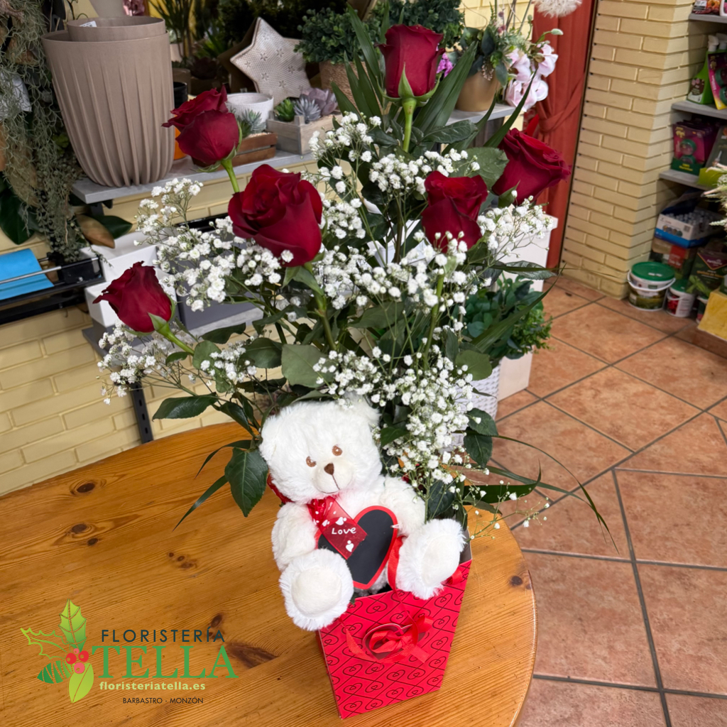 Centro 6 Rosas Osito con Pizarra Especial San Valentín